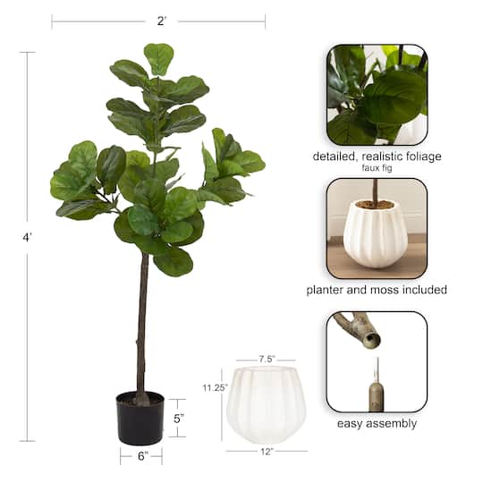 Kate and Laurel 4ft. Fidmont Faux Fiddle Fig Tree in Claudel Scalloped Planter